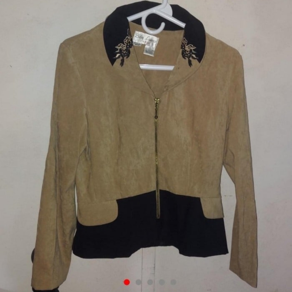 Vintage beige velvet with black accent zip up bomber type jacket